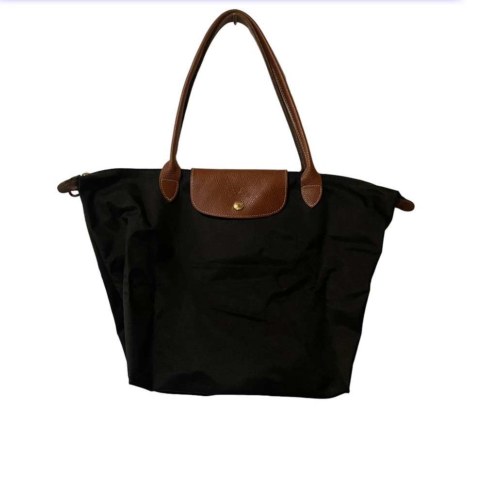 Longchamp Black & Tan Le Pliage Medium Top Handle Nylon Handbag